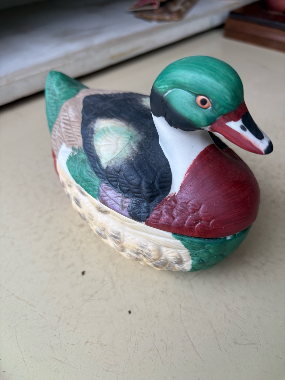 Vintage Handpainted Duck Figurine in Green, Red, Black and Cream
